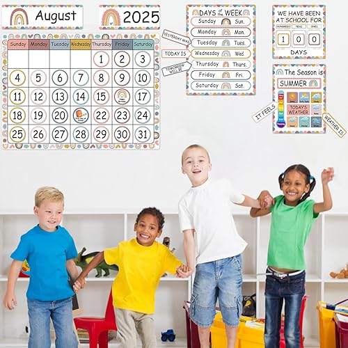 Miniatura 5 de Juego de 132 tablones de anuncios con calendario de arcoíris bohemio con días de la semana, días en la escuela, estaciones, festivales, tarjetas