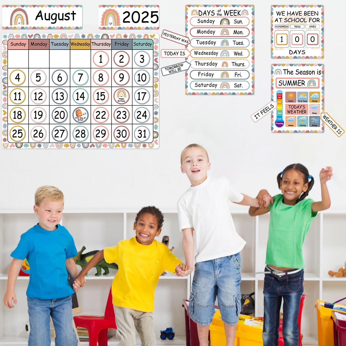 Boho Regenbogen Kalender-Pinnwand Set – 132 Teile Für Klassenzimmer & Kinderzimmer (ca. 54x40 Cm)