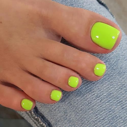 KQueenest Neon Green Toe Press on Nails Short Square, Glossy