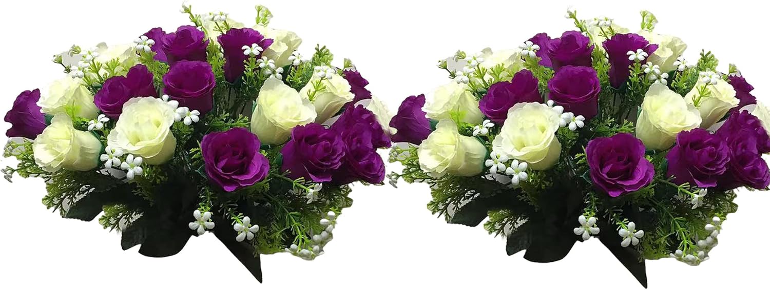 Artificial Cemetery Rose Flowers for Outdoor Grave Decorations & Memorials- Beautiful Arrangements for Headstones (2, Purple/White)