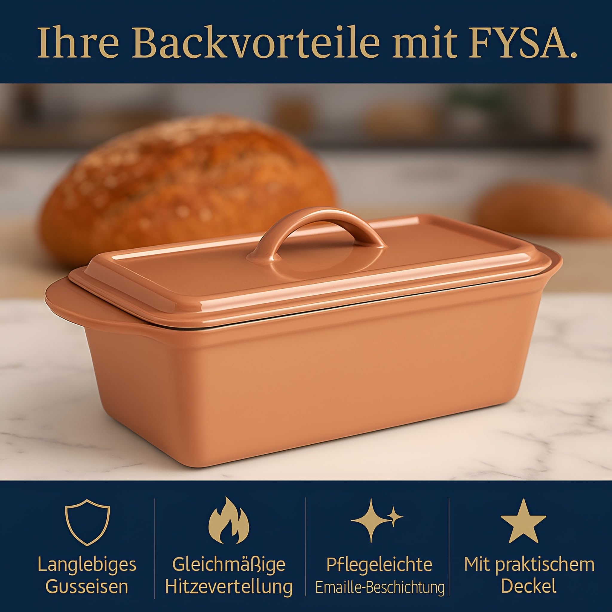 Brotbackform mit Deckel Gusseisen 28 cm – 3 L Kastenform für Sauerteig & Kastenbrot – Gleichmäßige Hitzeverteilung für knusprige Kruste – inkl. Silikongriffe & Backanleitung – Ofenfest - Emailliert