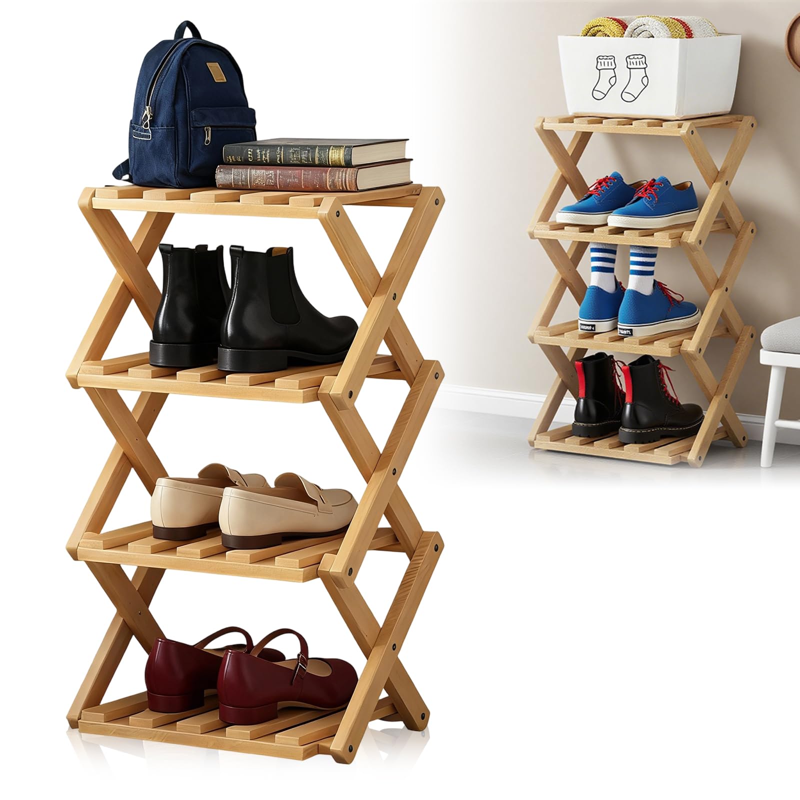 Étagère à chaussures en bambou pliable à 4 niveaux pour petits espaces