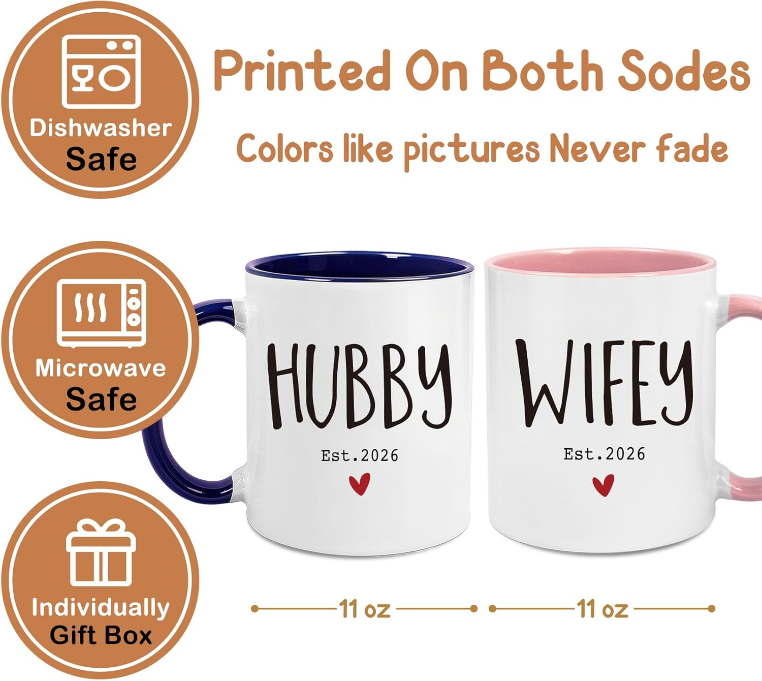 Wifey & Hubby Mugs Set of 2 - 11oz His & Hers Ceramic Coffee Cups 2026 - Wedding Gift for Couples, Newlyweds, Anniversary & Valentine's Day - Funny Romantic Keepsake -133 - Image 4
