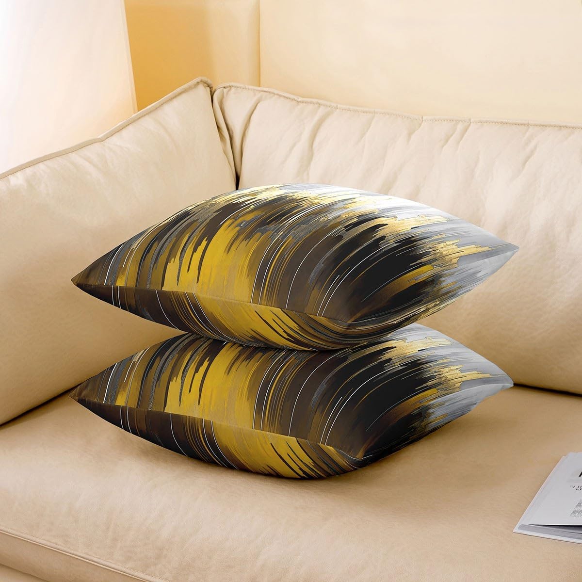 Erosebridal Set of 2 Abstract Art Pillow Covers Yellow Gray Gold Throw Pillow Covers, Stripe Cushion Covers 24x24 Inch Golden Metallic Sequins Tie Dye Luxurious Modern Cushion Cases