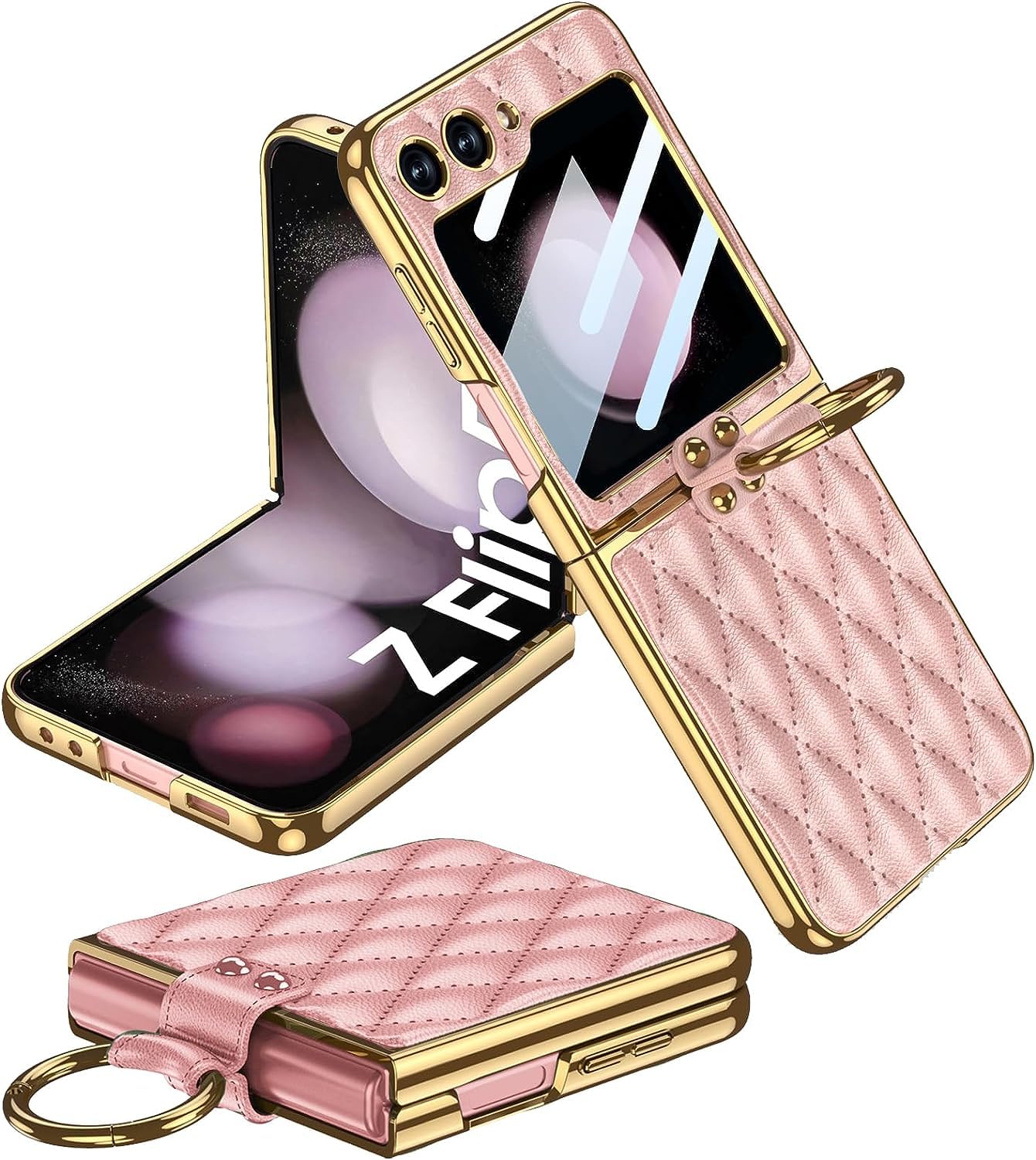 Case for Samsung Galaxy Z Flip 5 Case, Built-in Screen Protector with Ring Holder Leather Case with Golden Color Plating Shockproof Anti-Skid Full Coverage Protective Cover for Z Flip 5 (Pink)