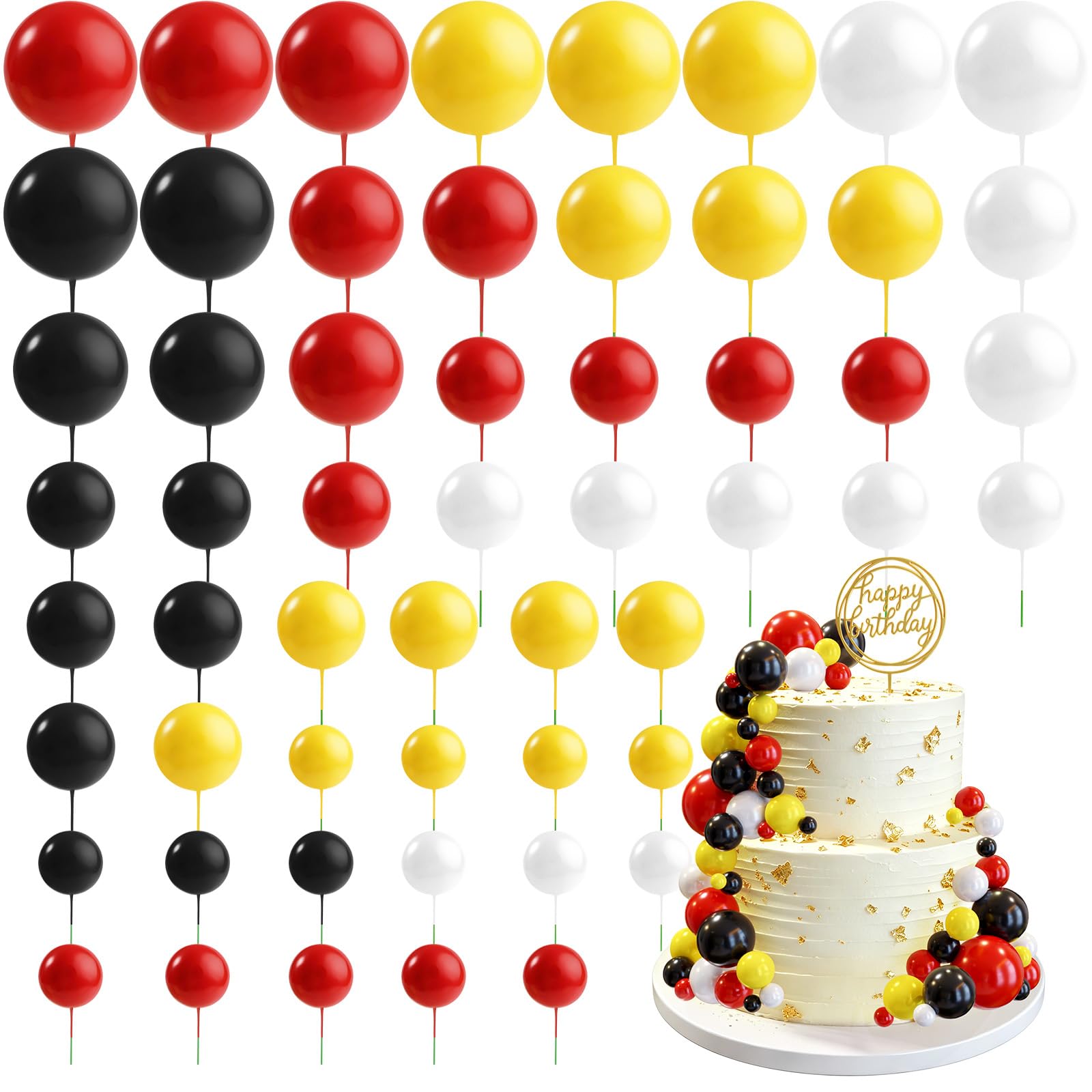 CHRORINE 55 Pcs Balls Cake Topper Decorations Mini Balloon Cupcake Toppers Foam Balls for Cake Decorating Birthday Parties Weddings Anniversary Baby Shower (Red Yellow White Black)