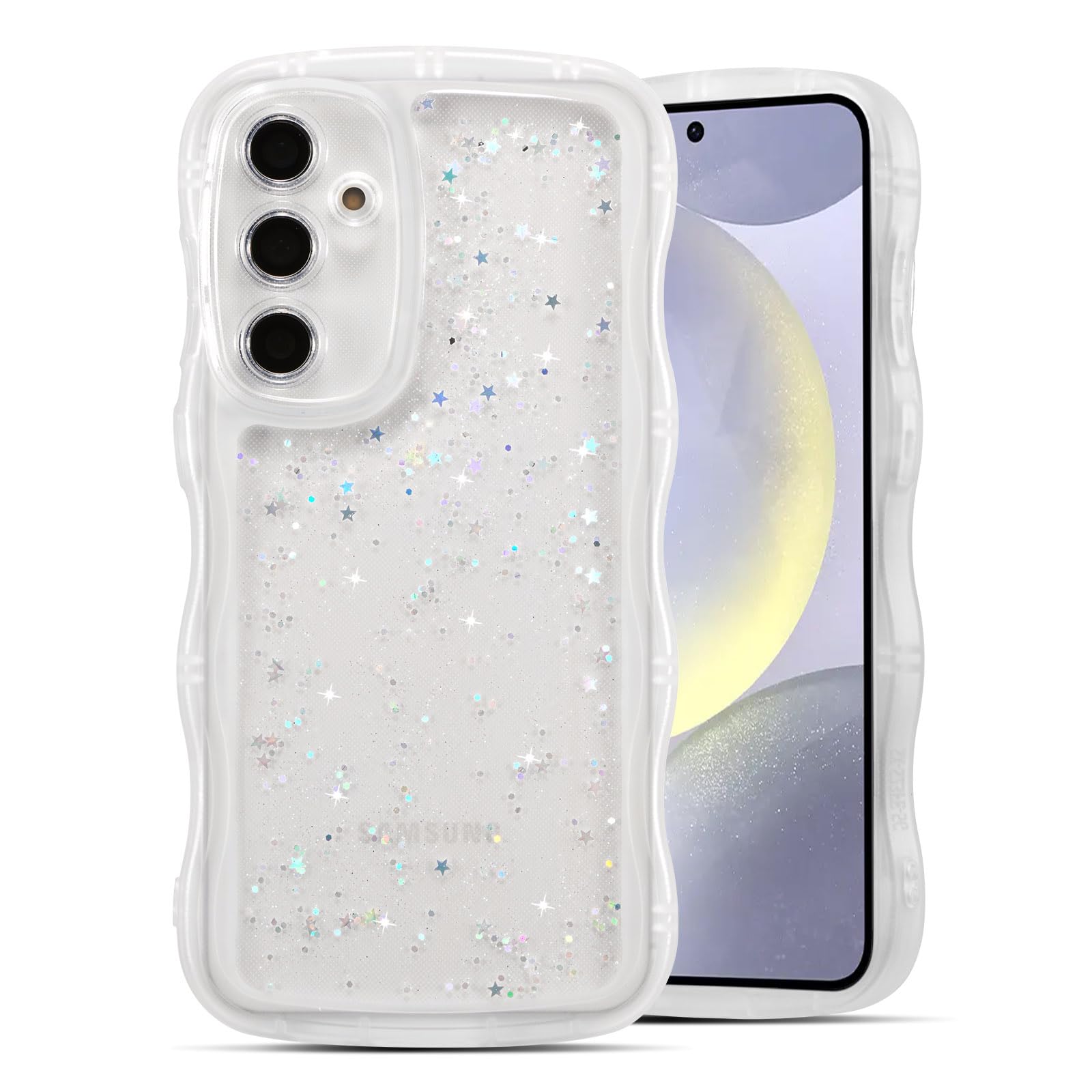 QLTYPRI 対応 Galaxy S26 ケース クリア TPU カバー ウェーブ おしゃれ 韓国 可愛い ウェーブ グリッター 透明 薄型 軽量 耐衝撃 滑り止め スマホケース ワイヤレス充電対応 ストラップホール付き ギャラクシーS26 ケース 対応 - クリア