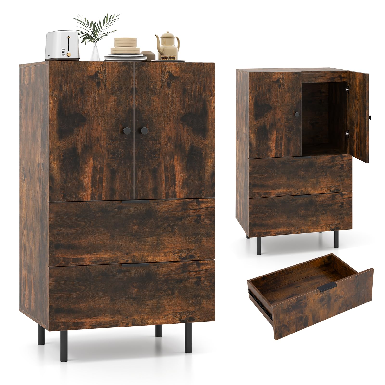 KOMFOTTEU Buffet de Cuisine, 2 Armoires à Portes & 3 Tiroirs, Meuble Rangement, Étagère réglable, Armoire de Stockage, Kit Anti-basculement, pour