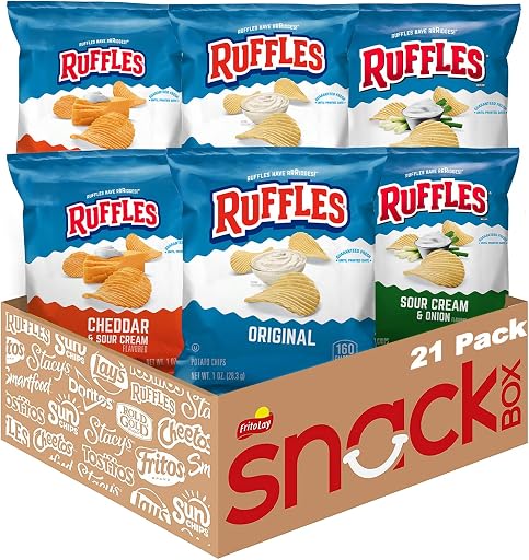 Ruffles Potato Chips, 3 Flavor Variety Pack, 1 oz Bags (Pack of 21)