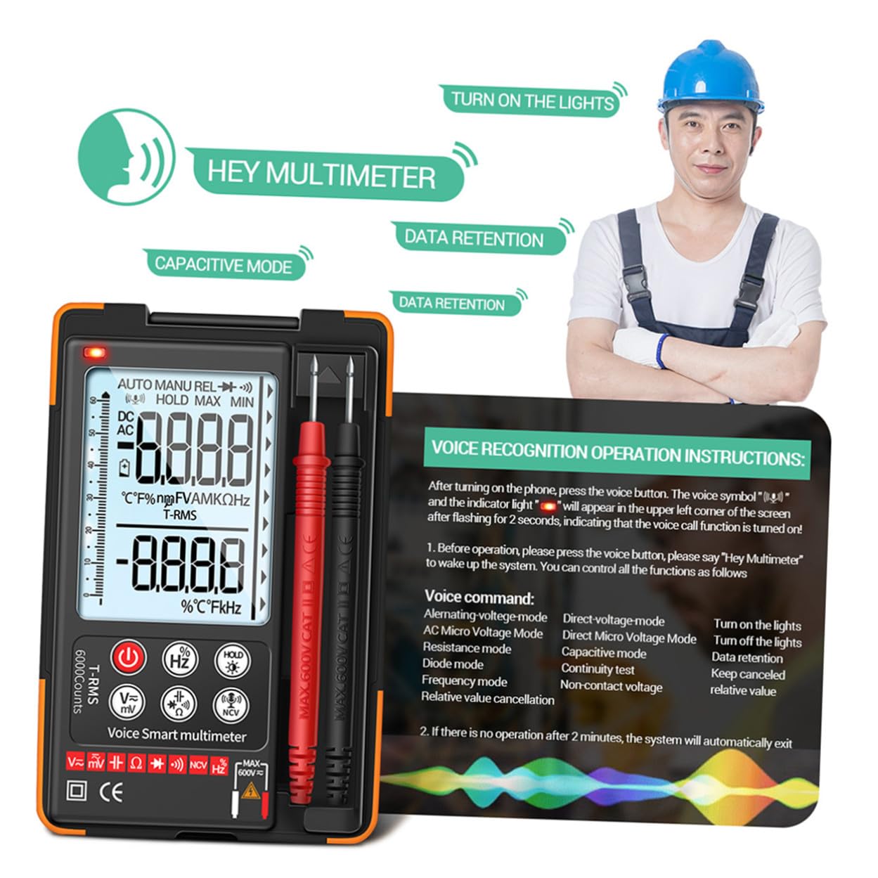 Intelligent Voice Control Digital Multimeter with Backlight Operation High-Definition Display for Voltage Temperature Frequency and Diode Testing