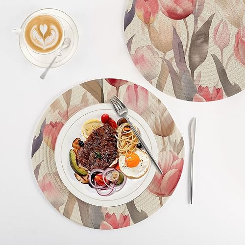 Miniatura 4 de 3 Pcs Round Trivet Pink Premium Gray Watercolor Tulip Floral for Hot Dishes 15in Cotton Thread Weave Heat Resistant Mat for Teapot Kitchen Aid
