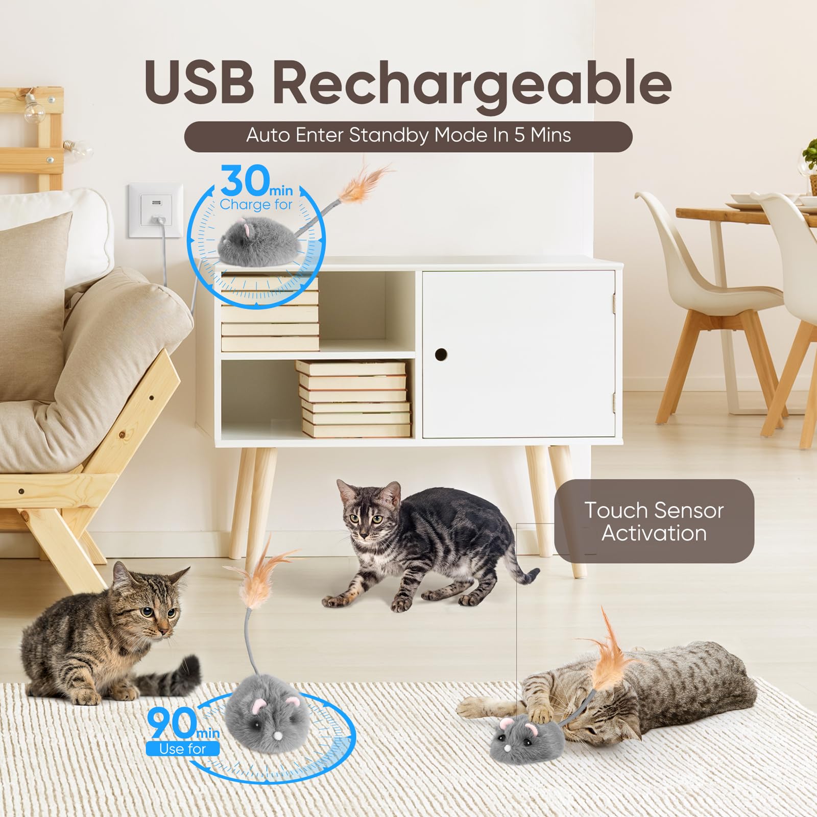 Pawingcat Juguete para gatos con control remoto recargable, juguete para gatos en movimiento, juguete interactivo para gatos de interior, juguete automático para gatos con ajuste de 3 velocidades y 4