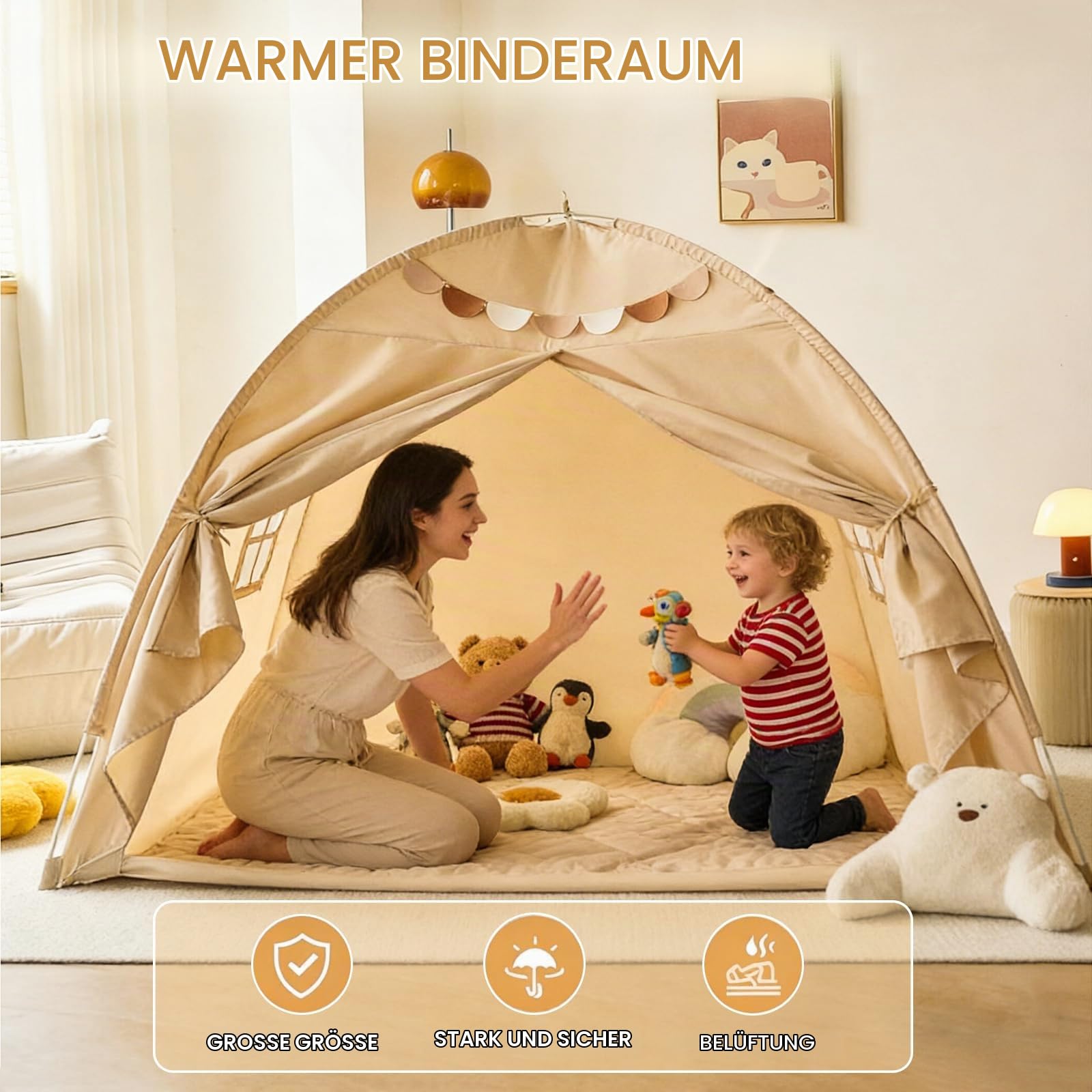 Spielzelt Kinder Indoor, Spielhaus Kinder mit Flaggen, Maschinenwaschbar Tippi Kinderzelt ab 3 Jahren FüR Kinderzimmer, Spielzimmer, Party, Schneller Aufbau (Grau (195 x 98 x 125 cm))
