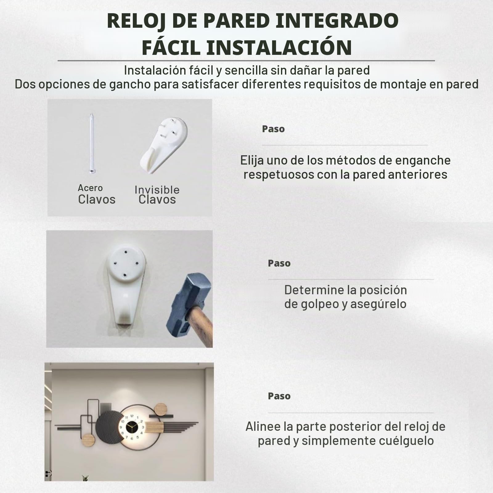 Reloj de Pared Grande de Silencioso,Reloj de Pared Decorativo Moderno,con Luz,para Sala de Estar Comedor Dormitorio Cocina.(110x35cm)