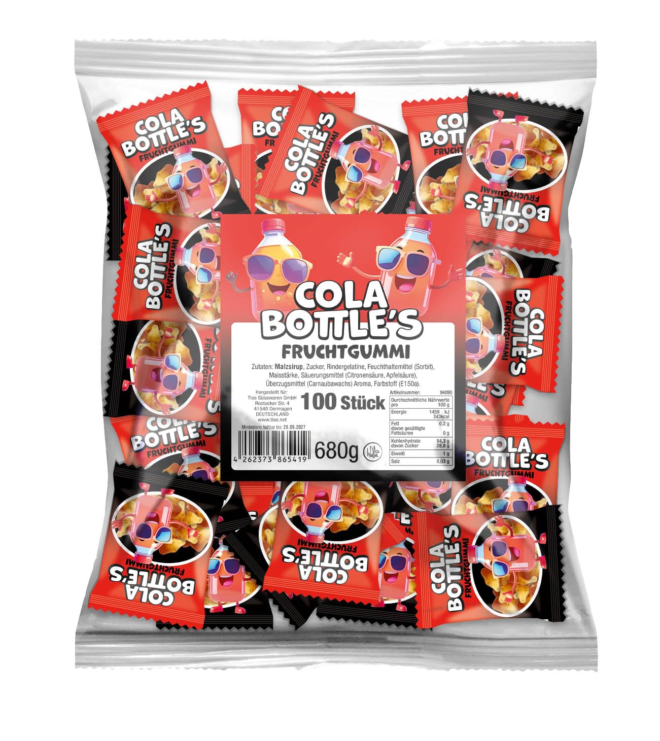 Tise Cola Bottle's Fruchtgummi 100Stk. (7 x 680g) einzeln verpackt perfekt geeignet als Wurfmaterial für Karneval, Süßigkeiten Großpackung, Give-away/Halal