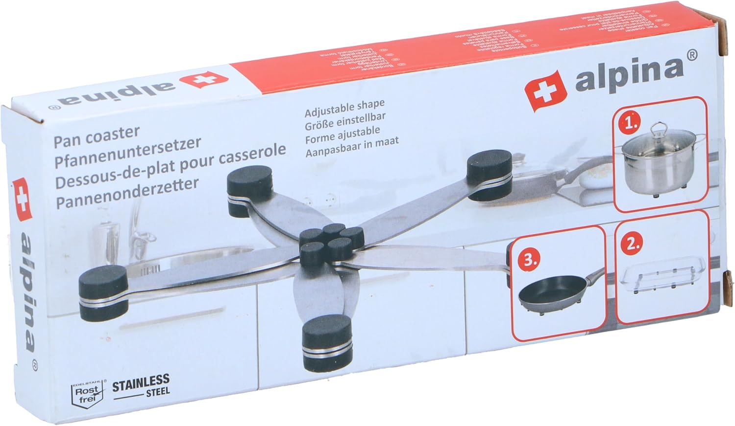 Alpina Adjustable Pan Coaster in use, supporting a hot pot on a kitchen counter, demonstrating its protective function.