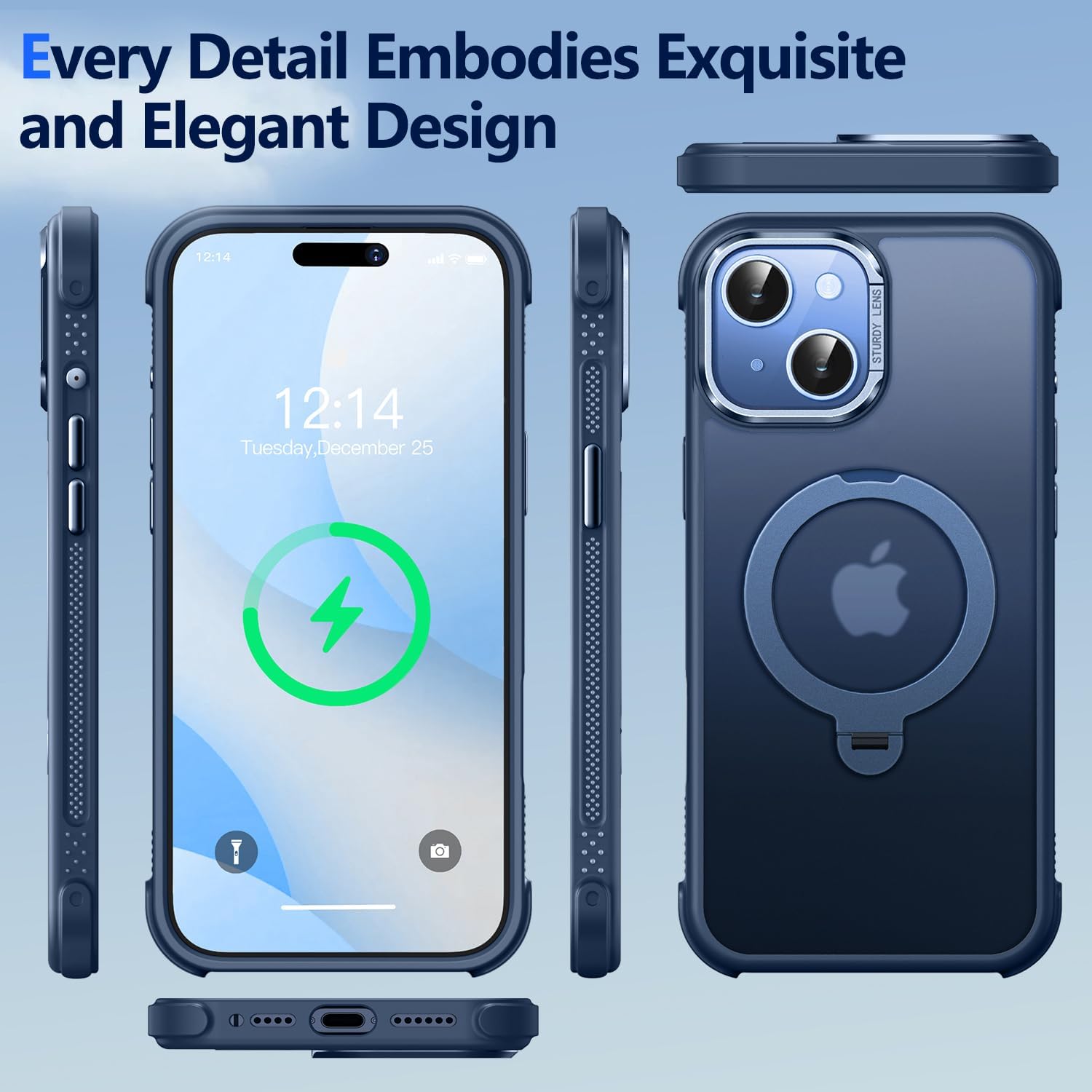 O3 Mag-Stand Designed for iPhone 15 Case with 360° Spin Stand, [Compatible with MagSafe][Super Skin Feeling] Translucent Matte Magnetic Slim Phone Case 6.1 inch, Matte Blue