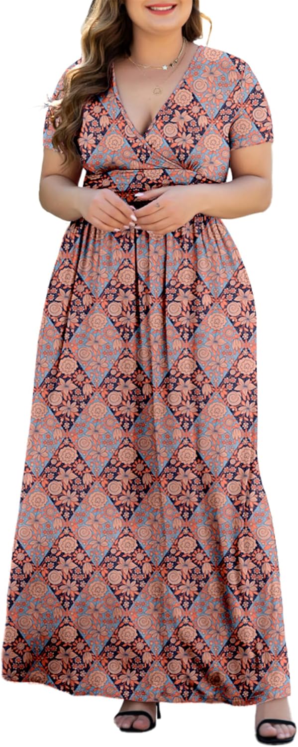 Women's L-5XL Short Sleeve V-Neck Plus Size Maxi Dresses with Pockets - Image 5