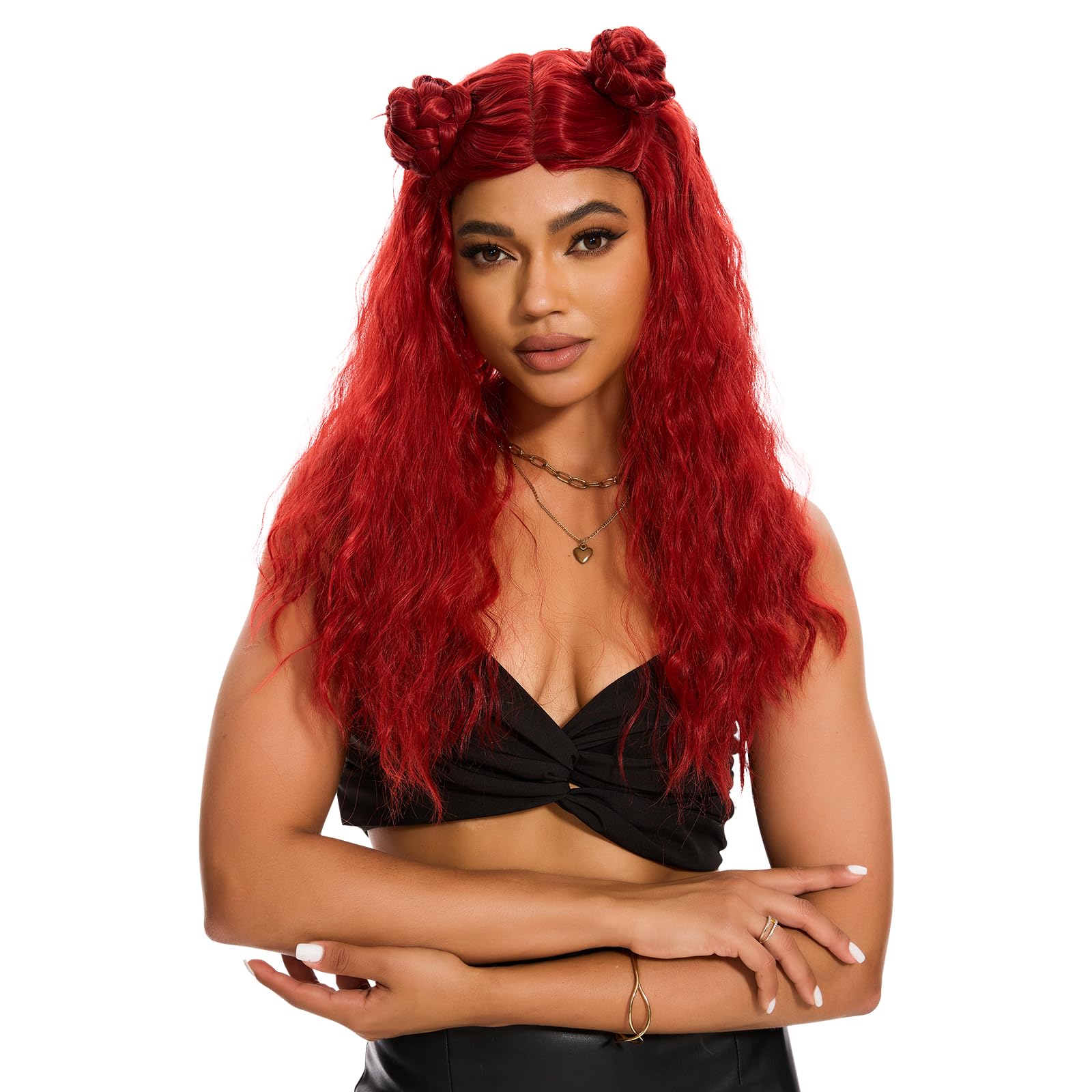 Women's Long Red Wavy Wigs,Curly Red Heat Resistant Synthetic Wig with 2 Buns for Halloween Costume