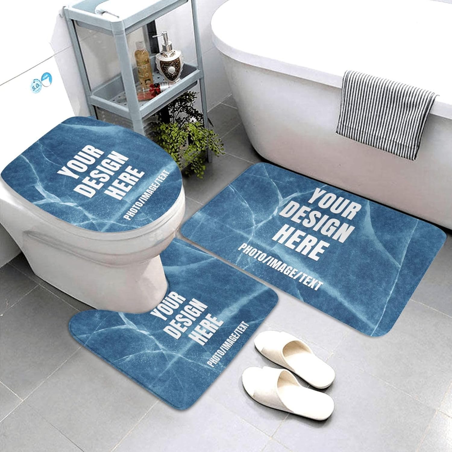 Custom 3 Pieces Bath Mat Set Personalized Non-Slip Bath Rugs/U Contour Rug/Toilet Lid Cover Customized Photo/Text Washable Bathroom Floor Mat Home Decor