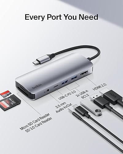 Miniatura 3 de Belkin Hub USB-C, Adaptador Multipuerto 7-en-1 - Estación de acoplamiento USB con HDMI 4K, Puerto PD USB-C 3.0, 2 x Puertos USB-A 3.1, Ranuras