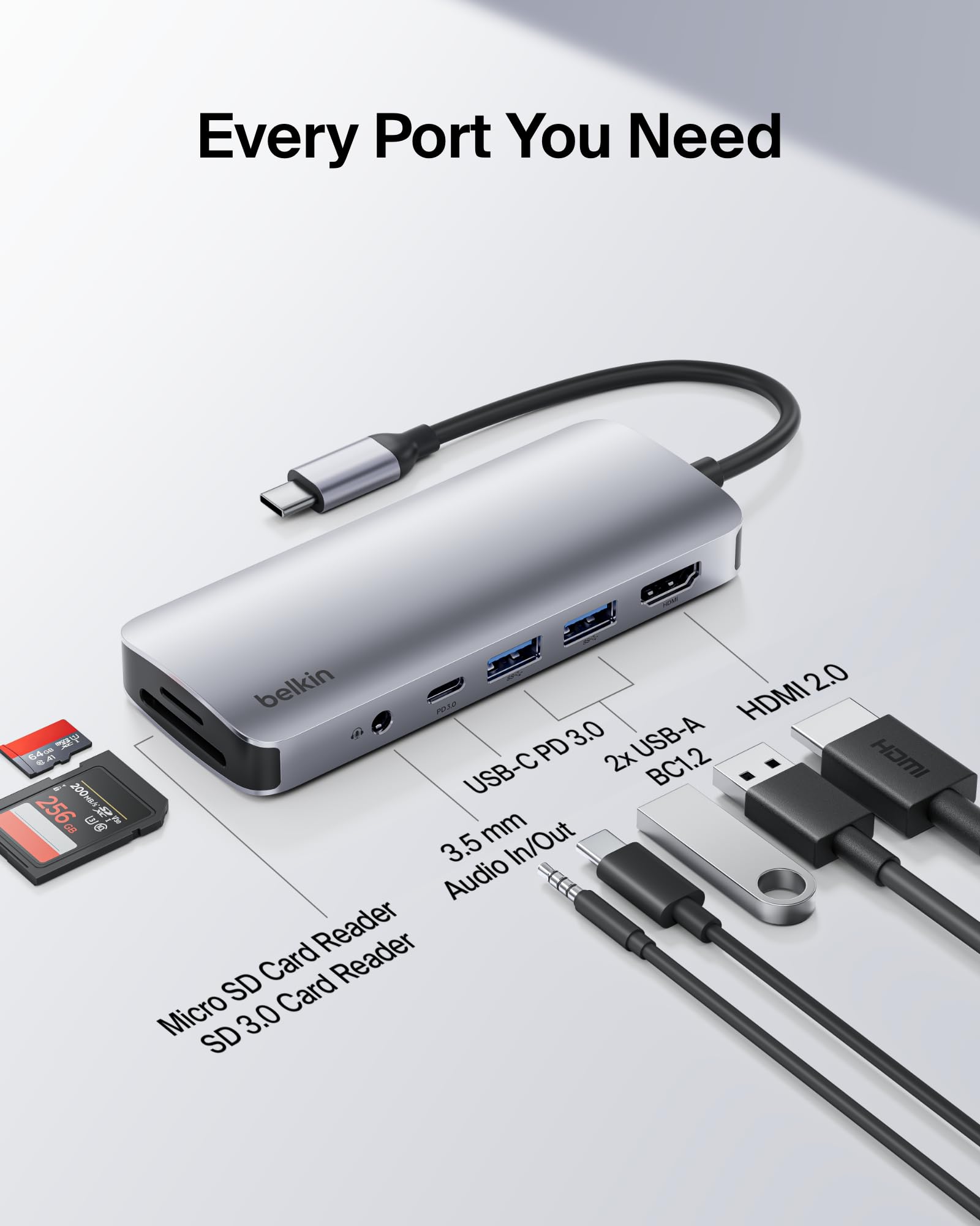 Belkin Hub USB-C, adaptador multipuerto 7 en 1, estación de acoplamiento USB con HDMI 4K, puerto USB-C PD 3.0, 2 puertos USB-A 3.1, ranuras para tarjetas SD y microSD y conector de audio de 3.5 mm
