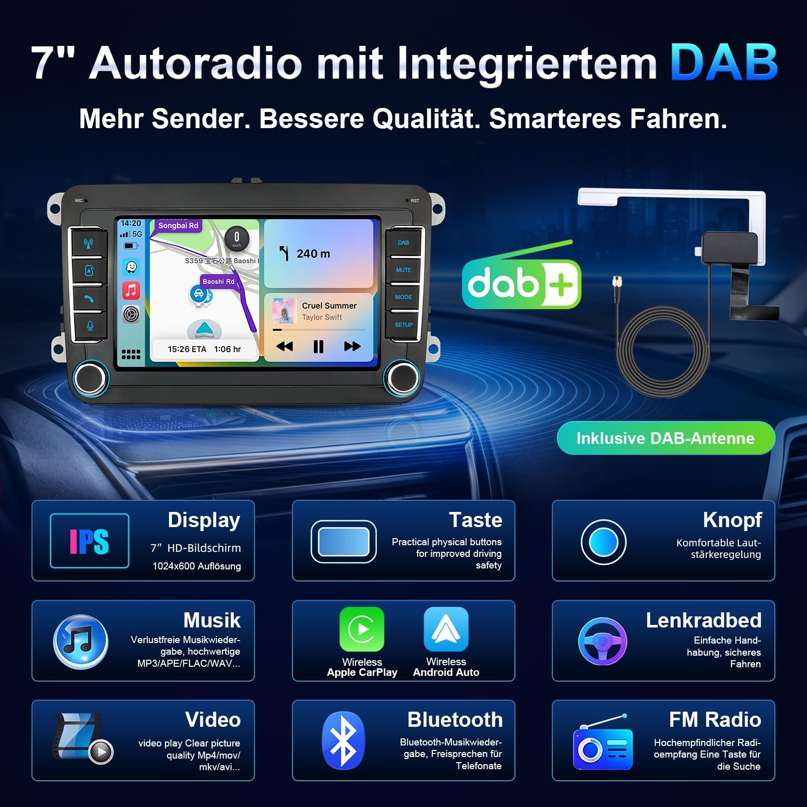 DAB Autoradio mit Bildschirm für VW Golf 5 6 T5 Polo 6R Caddy Skoda Tiguan Seat Passat, 7 Zoll Radio mit Apple CarPlay Wireless Android Auto Mirrorlink, Bluetooth, FM, Lenkradsteuerung, DAB+ 2Din