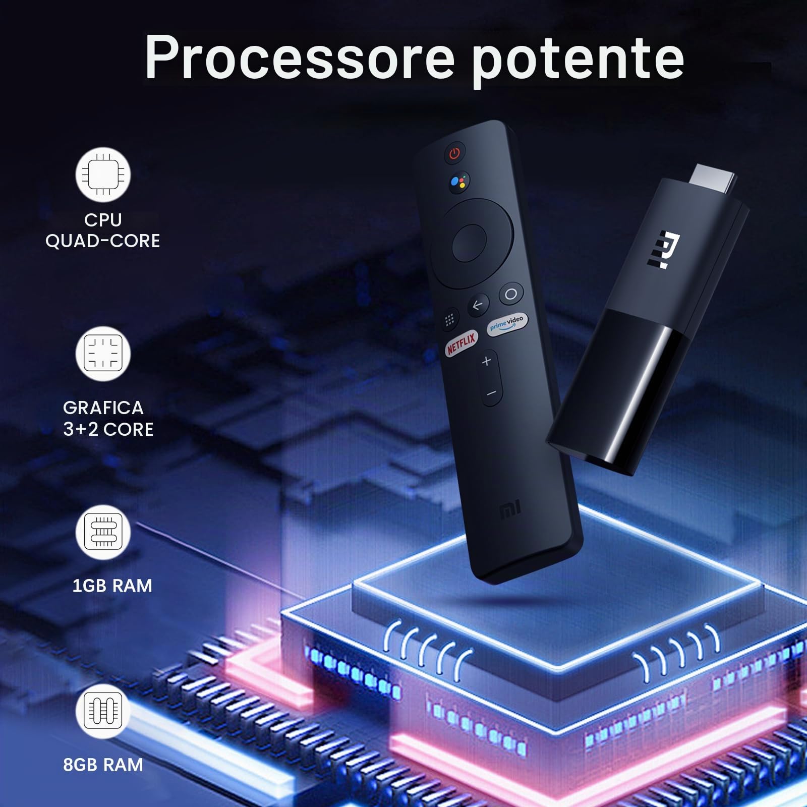 Mi TV Stick 2K, Audio DTS-HD, Android TV 9.0, Telecomando Incorporato, 2 GB di RAM, 8 GB di Memoria Interna