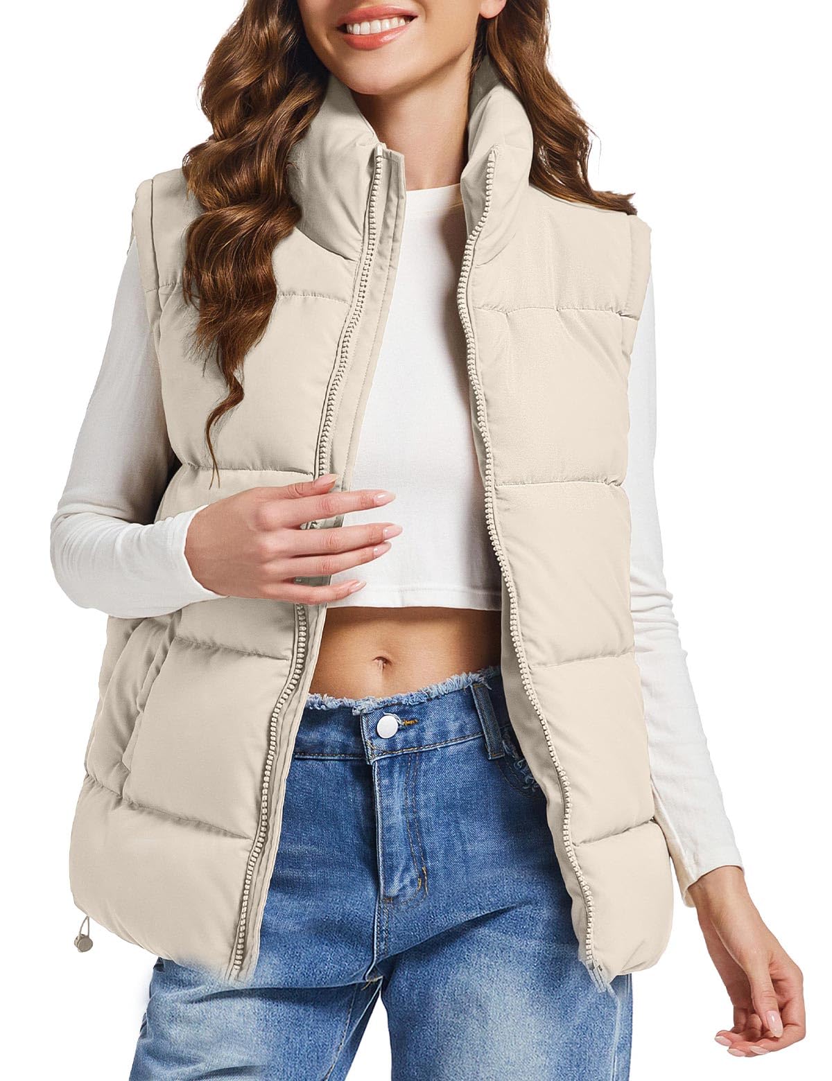 Polu Puffer Vest Women Zip Up Stand Collar Sleeveless Down Vests Oversized Padded Gilet Jacket