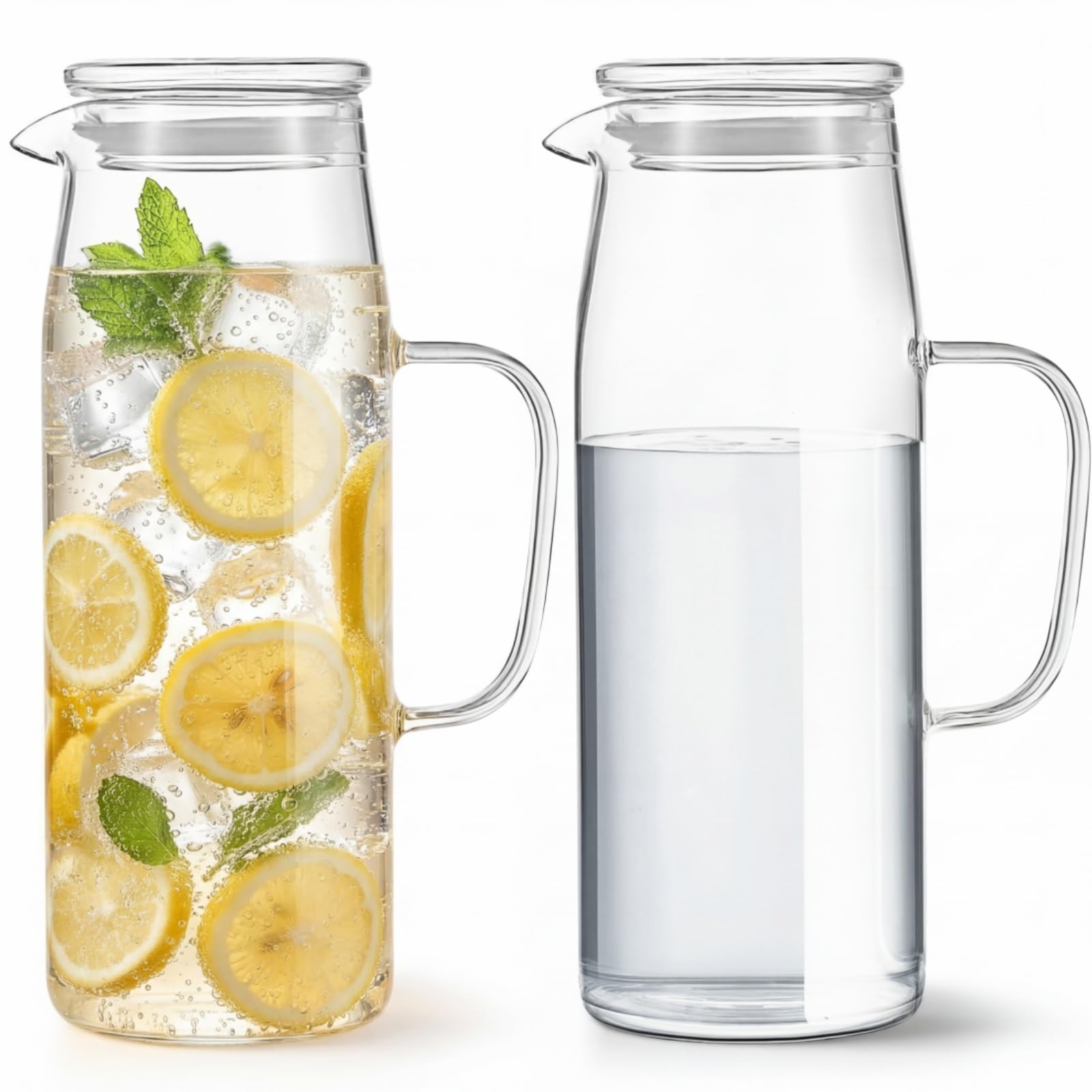 Hsei 2 Sets Glass Pitcher with Lid, 67.6 oz / 2000 ml Water Carafe with Handles Hot Cold Beverage Water Jar Glass Jug for Tea Juice Milk Coffee Iced