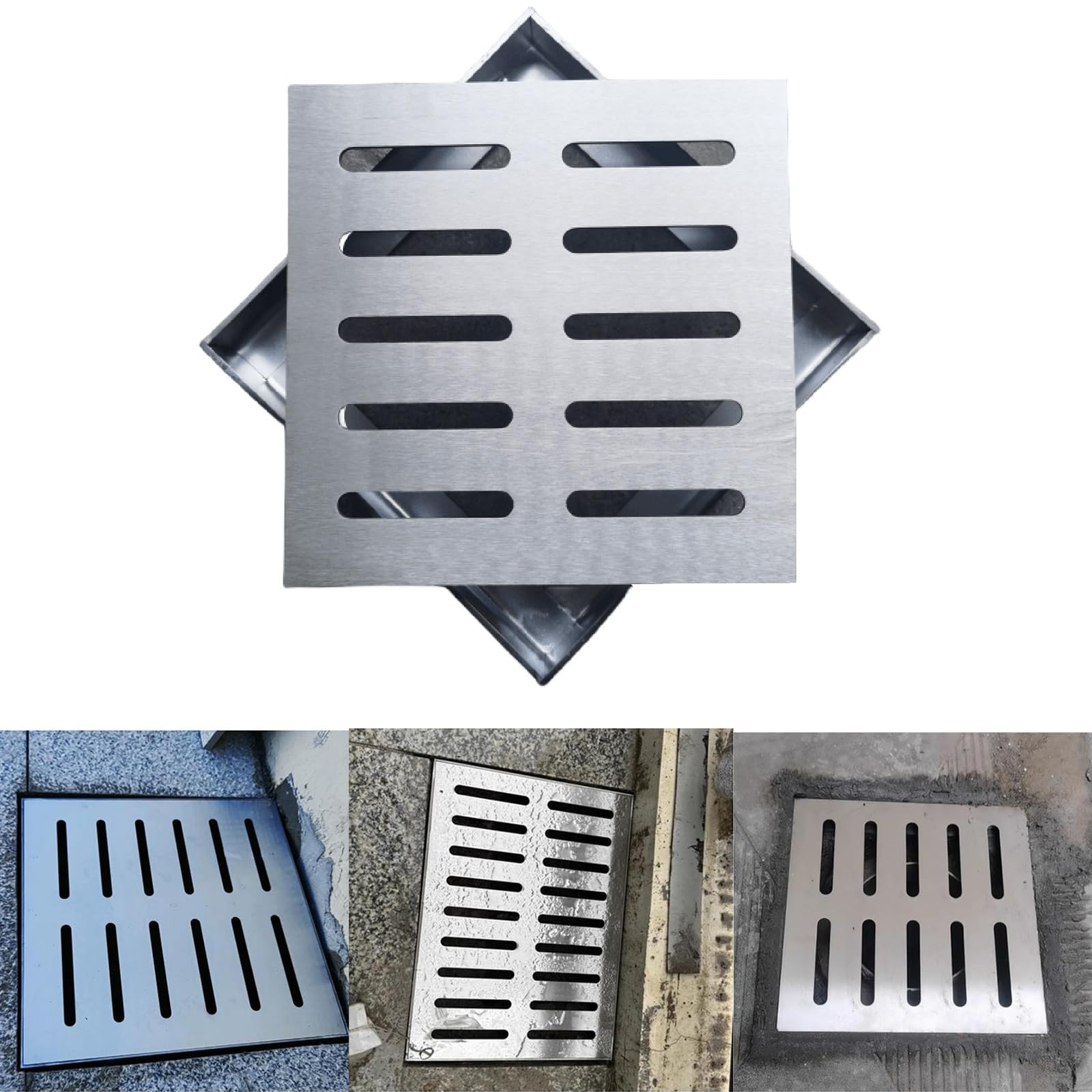 Rejilla de Drenaje para Exteriores de Acero Inoxidable, Tapa Sumidero Terraza y Marco, Rejilla Sumidero para Sumideros de Baños, Aceras Y Patios(25cm/10in)