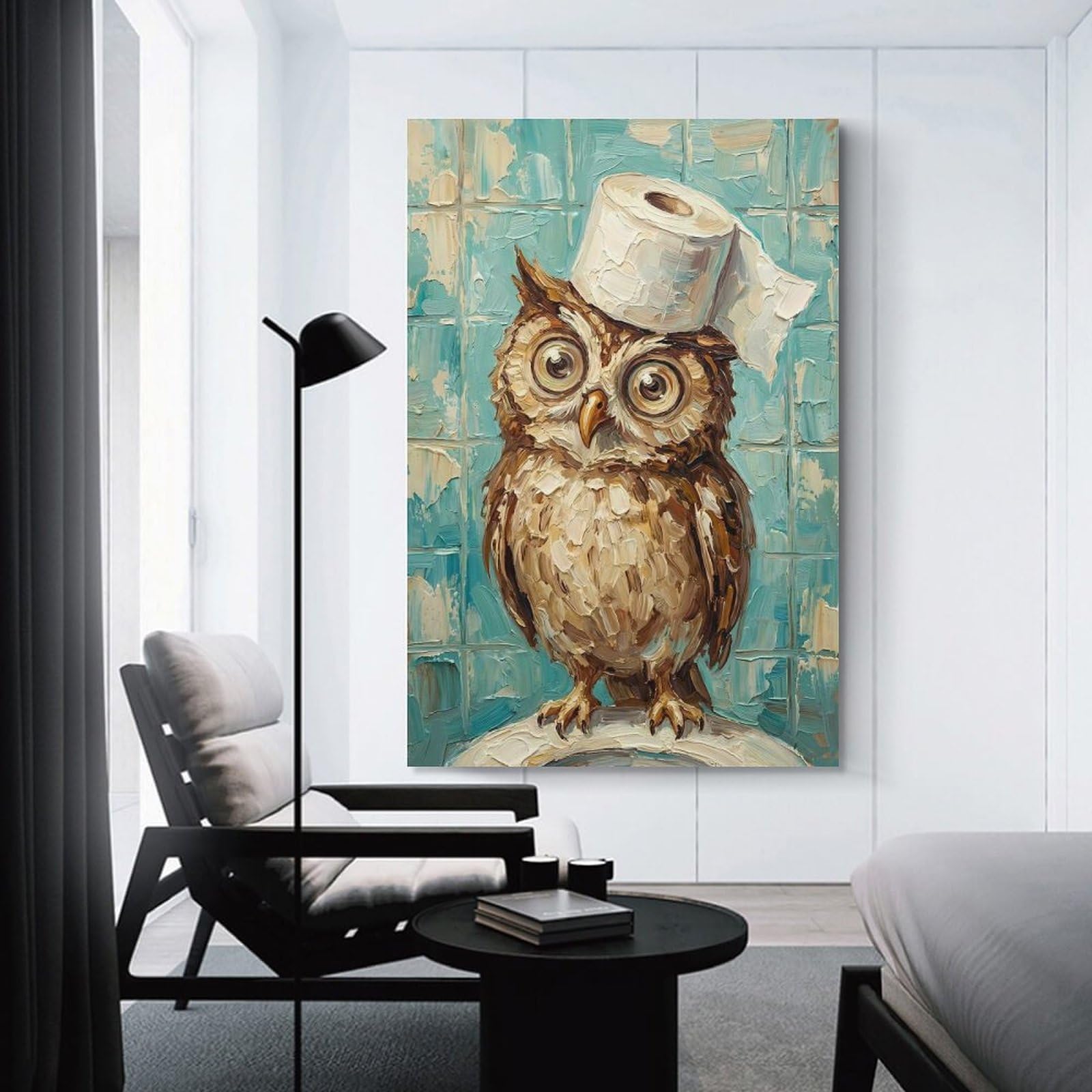 Junmoney Unframe-Style-6 Canvas Wall Art Owl With Toilet Paper, 20X30inch(50X75cm), For Lounge Decor, Bedroom Walls Or Flats, Eye Catching Artwork For Blank Walls