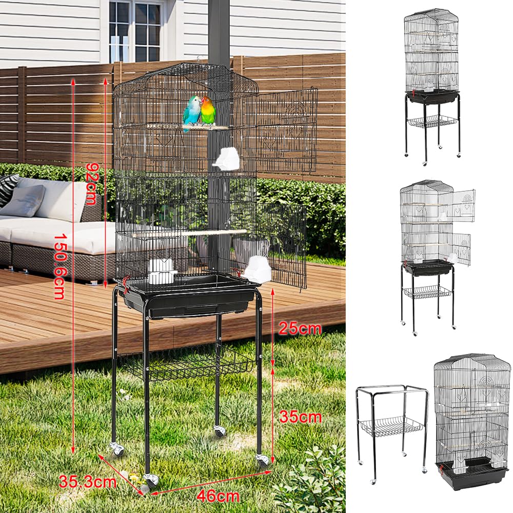 Vogelkäfig aus Metall mit oder ohne Rollen | Großer Vogelkäfig für Wellensittich, Kanarienvögel & Papageien | Stabil, Rostfrei, Für Innenbereich(46 * 35.3 * 150.6cm -Schwarz)