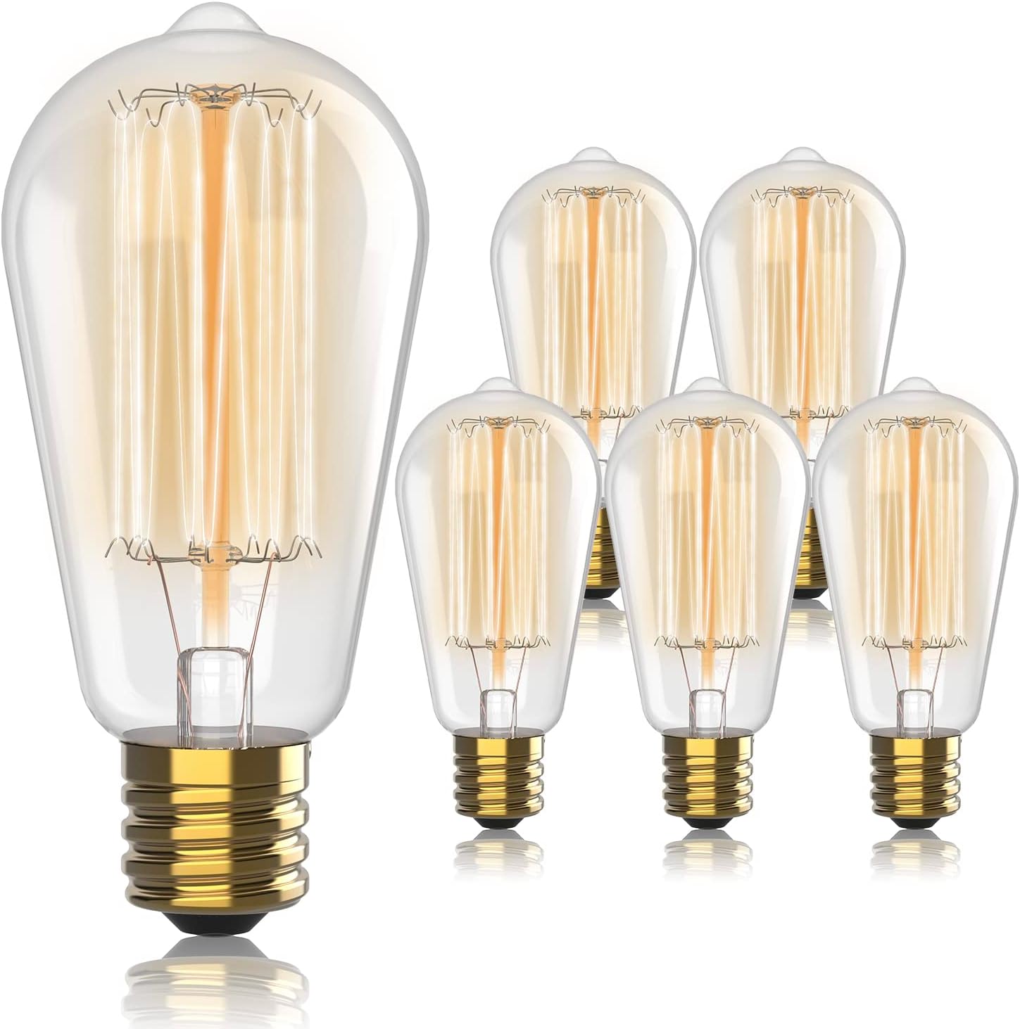 Vintage Edison Incandescent Light Bulbs - 6-Pack 60W, E26/E27, Dimmable 2100K Antique Filament Lamp - ST64 Squirrel Design for Indoor & Outdoor Use