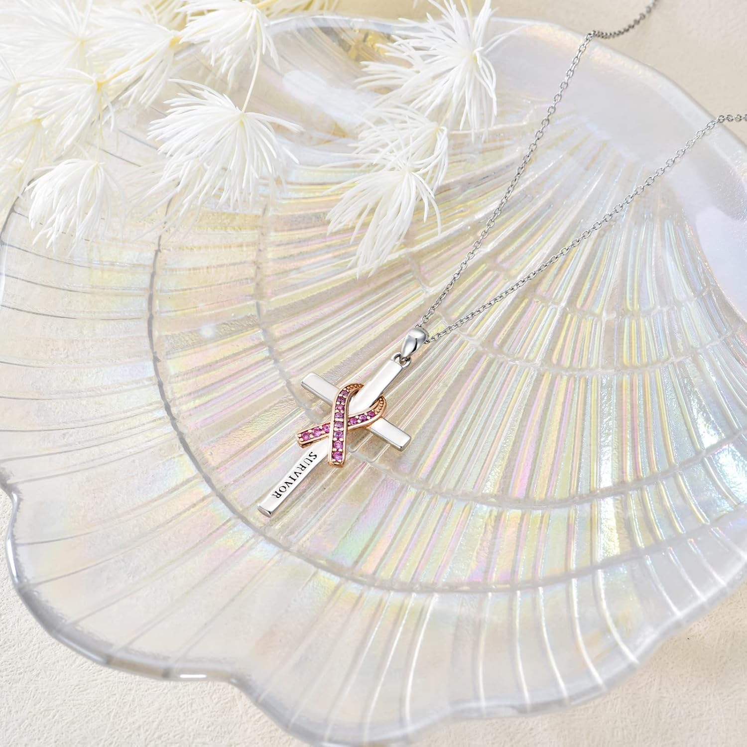 Breast Cancer Survivor Necklace 925 Sterling Silver Pink Ribbon Pendant Necklace Cancer Awareness Survivor Jewelry Gifts for Women Girls - Image 3