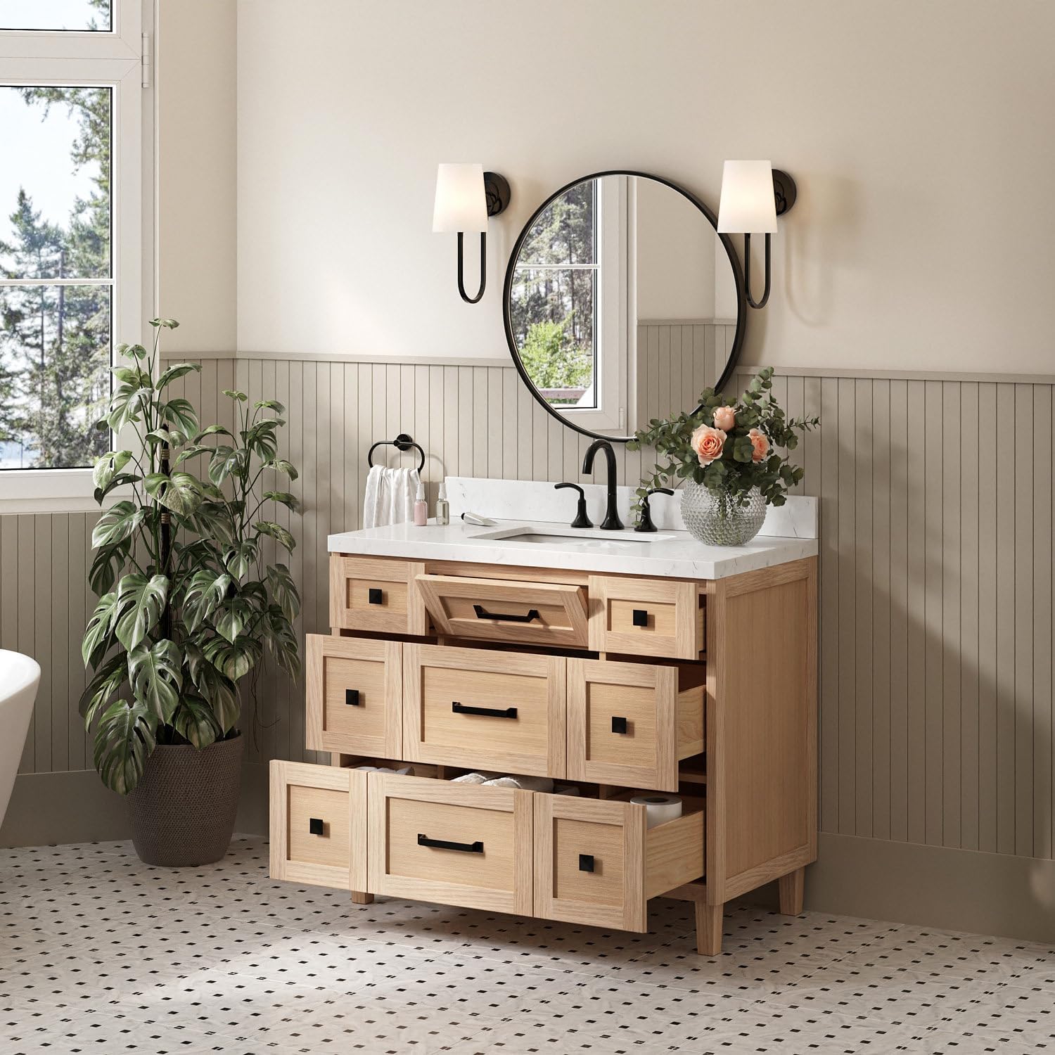 ARIEL Monroe 42-inch Bathroom Vanity with Sink,Solid Wood, 1.5-inch Carrara White Quartz Countertop & Backsplash, Single Oval Porcelain Sink, 9 Dovetail Drawers, Matte Black, White Oak