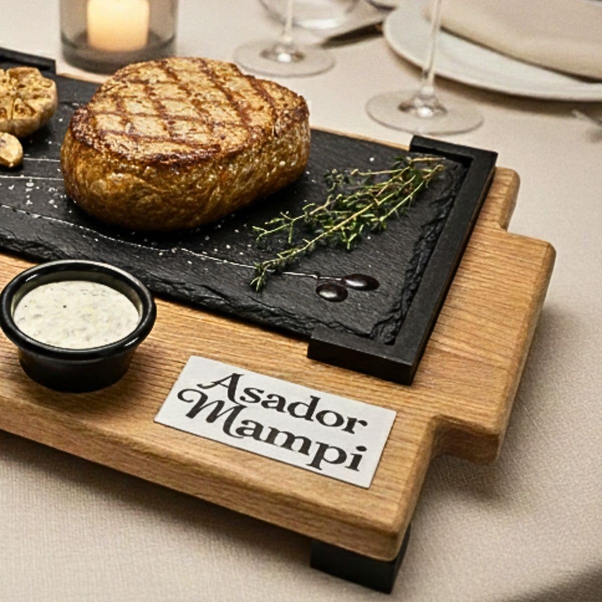 PIEDRASAR Piedra Volcánica para Asar, 15x20 cm, Set con Plato de Pizarra, Quemador de Alcohol y Salseros, Base de Roble
