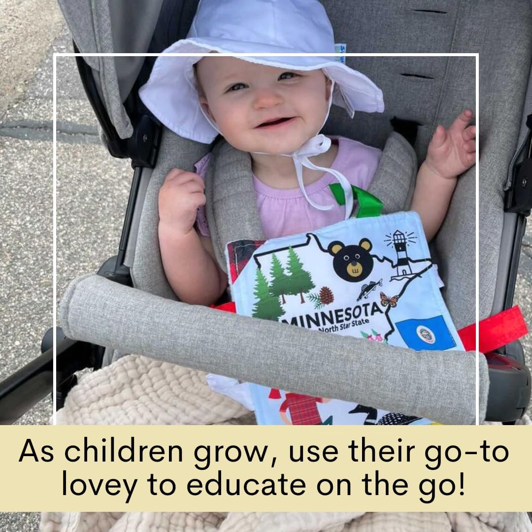 Baby Jack & Co 8x8” Learning Lovey Minnesota State Tag Stroller Toy for Babies - Crinkle Toys for Developing Five Senses - Learn About Capitals - Travel with Baby Jack - BPA Free Clip