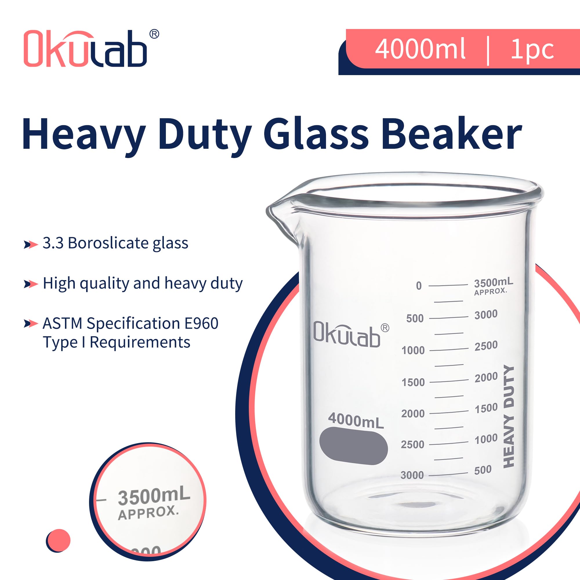 HBKG4000A1 - Set di bicchieri in vetro borosilicato 3.3 a pareti spesse, con graduazione stampata a doppia scala, vol.4000 ml, HBKG4000A1