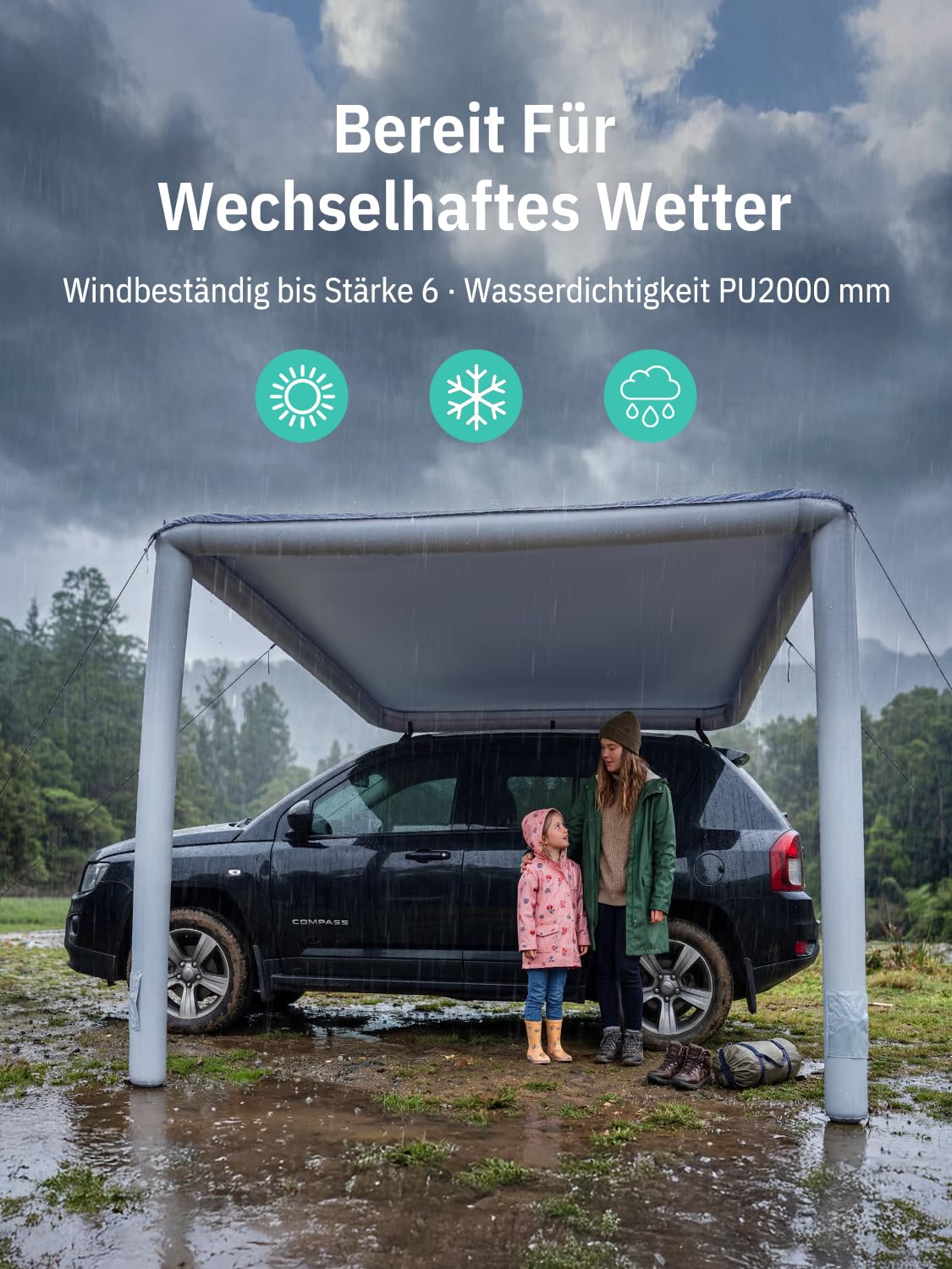 Niphean Auto Markise für SUV, Pickup & Van, 2-Min-Aufbau, Kein Dachträger Nötig, Aufblasbares Sonnensegel Wohnwagen 250 x 198 cm, Wasserdicht, UV50+, Windstabil Fahrzeug Markise