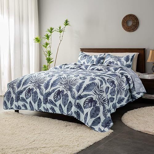 Miniatura 2 de HORIMOTE HOME Juego de edredón de plantas tropicales, tamaño Queen, 3 piezas, hojas de palmera azul, estilo selva, juego de ropa de cama reversible