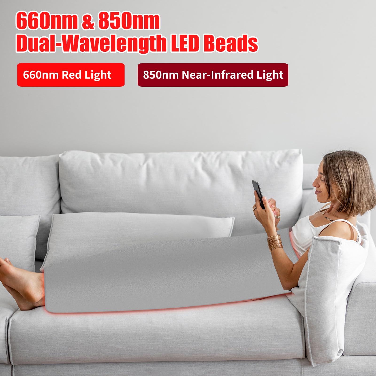 Tapete de luz roja para cuerpo de 57.1 x 29.5 pulgadas con 720 LED (1440 chips), almohadilla de luz infrarroja cercana de 660 nm y 850 nm, 3 modos, 5 niveles de brillo para espalda, cintura