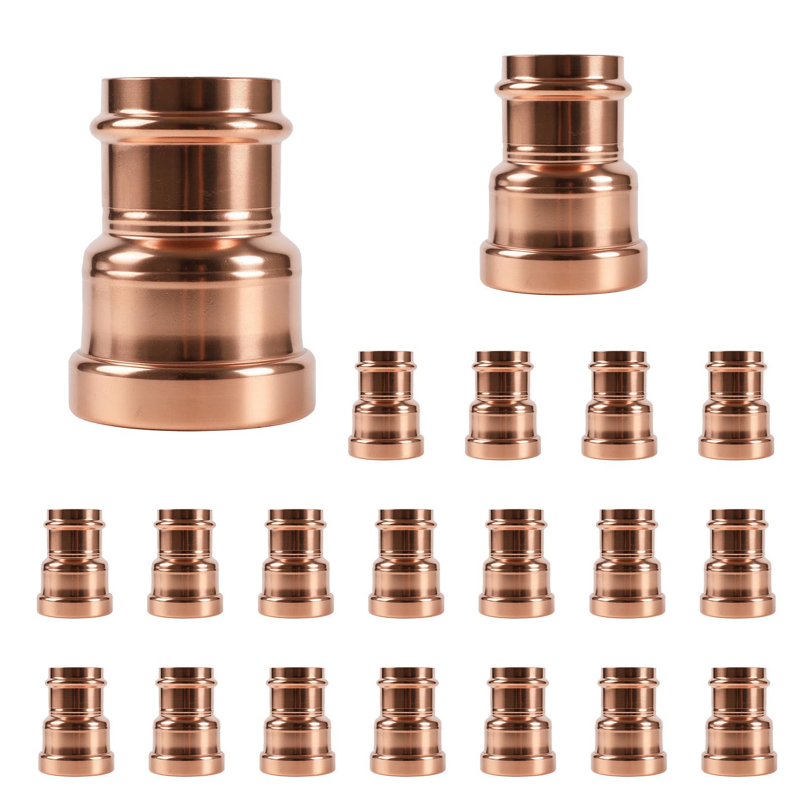 Paquete de 20 acoplamientos de presión de cobre GUOFIS sin tope, acoplamiento de cobre de 3" x 2-1/2" para conexiones de tuberías de reparación y remodelación de plomería, diseño de flujo continuo.