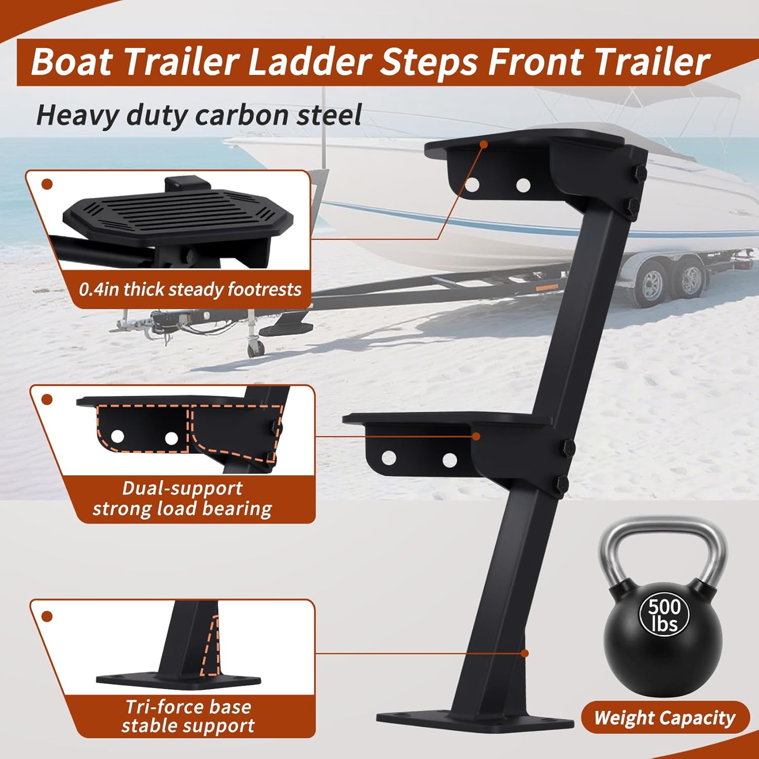 Boat Trailer Steps, Heavy Duty 3 Step Bass Boat Steps for Trailer, Fit for Most Deep V Trailer Tongues 3-4" W x 5" H Tongues, with Handrail & Rubber Anti Slip Mat, 500lb