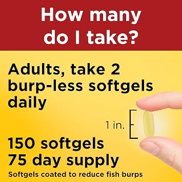 Nature Made Burp Less Fish Oil Omega 3 Supplements, 1000mg Softgels, Omega 3 Fish Oil Supplements for Healthy Heart Support, 150 Softgels, 75 Day Supply