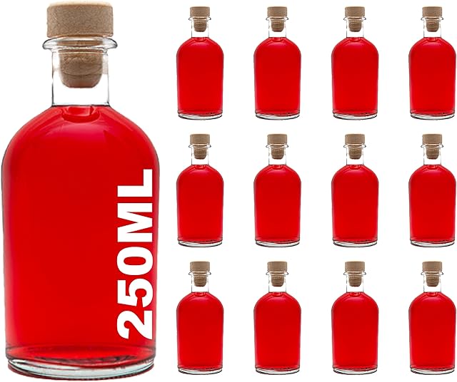 casavetro 250ml Glass Bottles with Cork Lids 12 Pcs Reusable Airtight Glass Bottle for Home Made Sloe Gin Liqueur Schnapps Wine Cider Soda Vodka Vinegar Oil Bottles - New-Bost (12 x 250 ml)