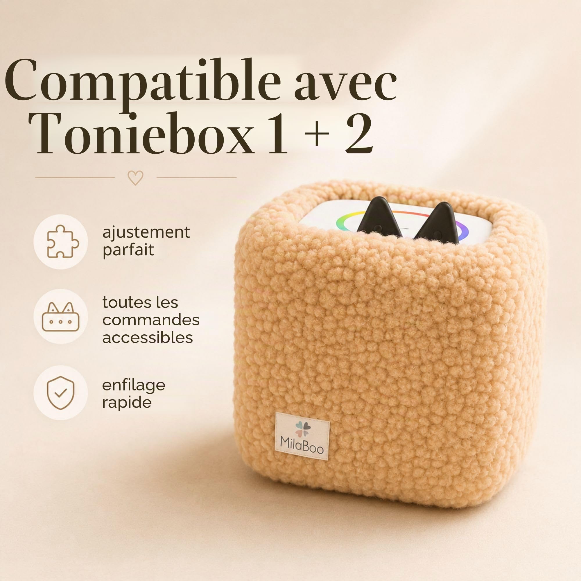 Milaboo Housse en peluche de qualité supérieure pour Toniebox 1 et 2, fabriquée à la main en Allemagne, avec tissu en peluche doux, housse de protection et manipulation facile (beige)