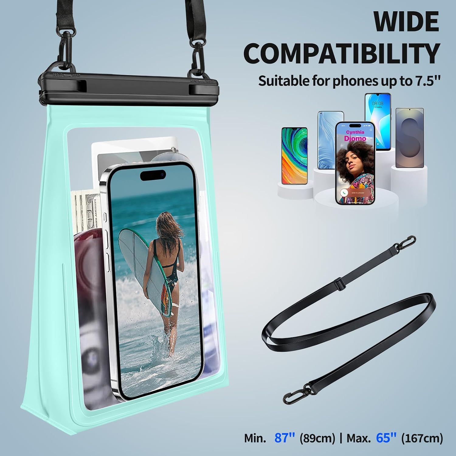  Large Waterproof Phone Pouch with Sealing Strip, Floating Dry Bag | Expandable Space, Double Seals, IPX8 Waterproof Bag, Touch Screen, Fit All Phones, Kayak Pool Beach Cruise Essentials, Green thumbnail