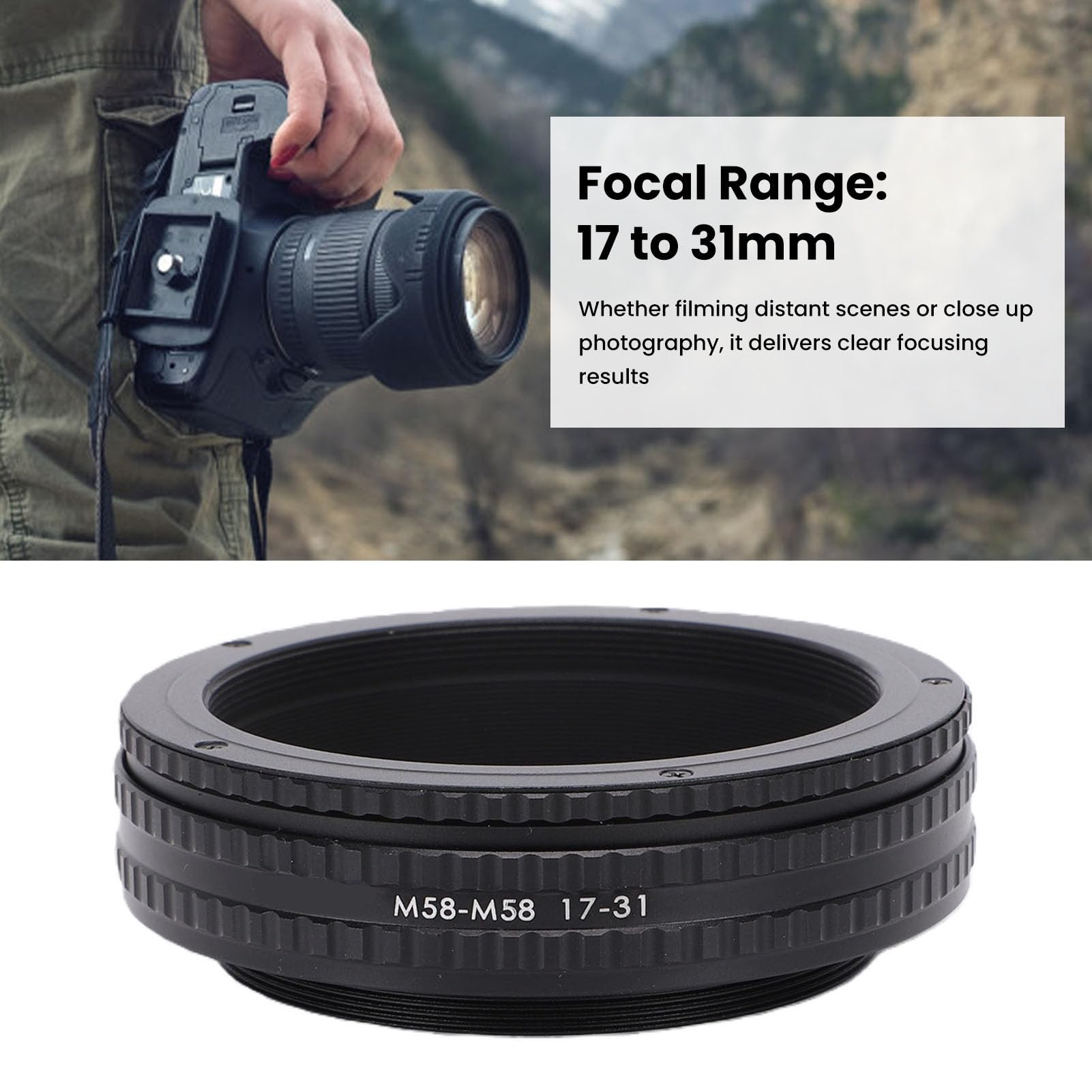 Denash Adaptador de Enfoque Helicoidal, Tubo de Extensión Macro Ajustable M58 de 17 Mm a 31 Mm con Interfaz de Rosca Universal, para Modificación de Lentes y Fotografía Macro.