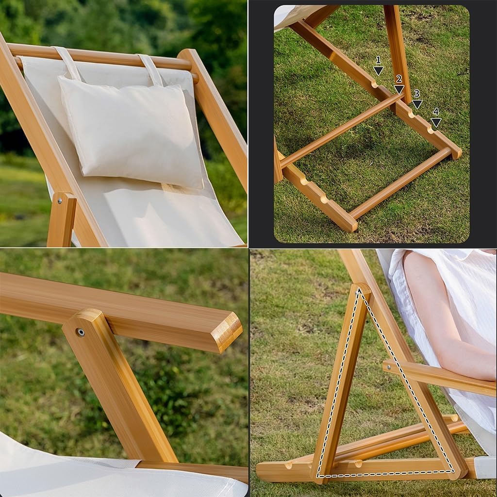 Wood Portable Reclining Beach Chair with Wood Frames and Cushioned Headrest, 4 Level Height Adjustable Reclining Chairs for Indoor Outdoor Garden, Backyard, Poolside